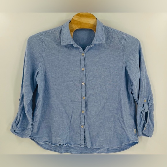 Orvis Tops - Orvis Ladies Long Sleeve Linen Blend Top Light Blue XXL